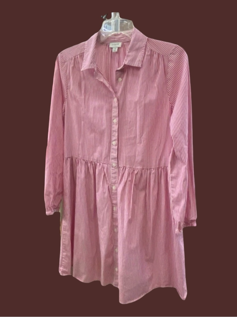 J Crew Womens Sz 14 Pink White Striped Long Sleeve Cotton Mini Shirtdress Button